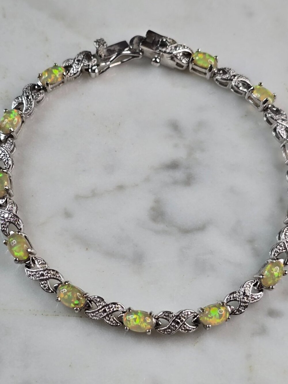 Womens Vintage Estate Sterling Silver Opal Tennis Bracelet 9.4g E1945